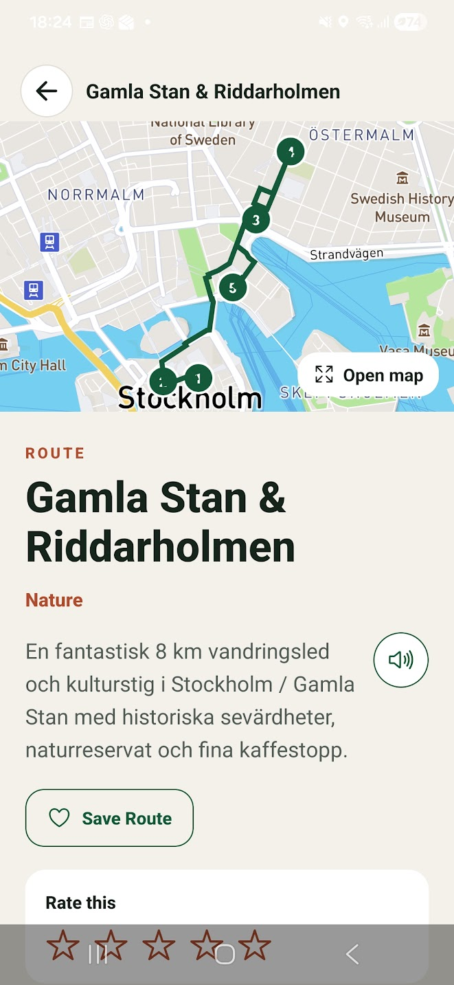 Skärmbild från Znitsla: rundan Gamla Stan och Riddarholmen, med karta och stopp